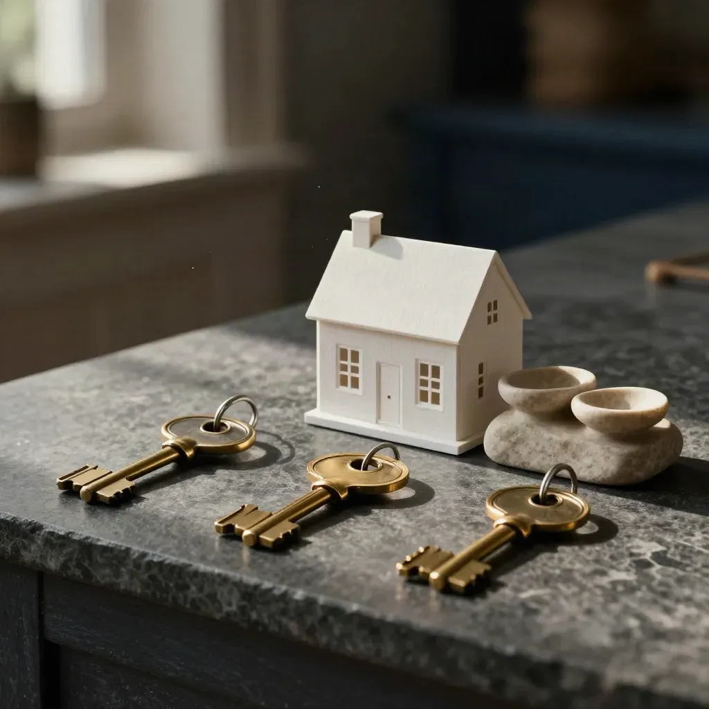 Three brass key sets, a small house model and stone plinth under warm window light.