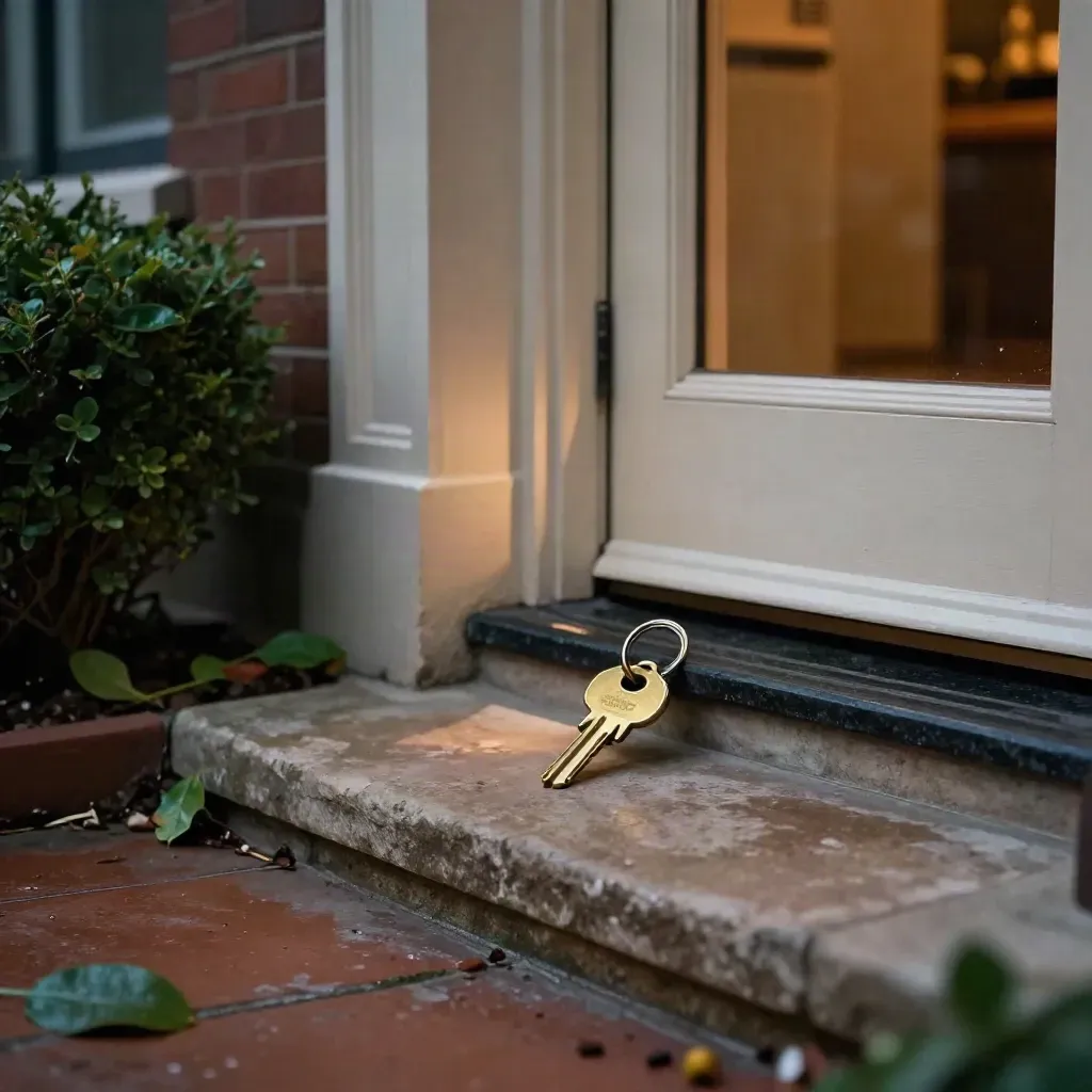 Brass keys on a townhouse doorstep with warm lit windows and damp evening hedges.