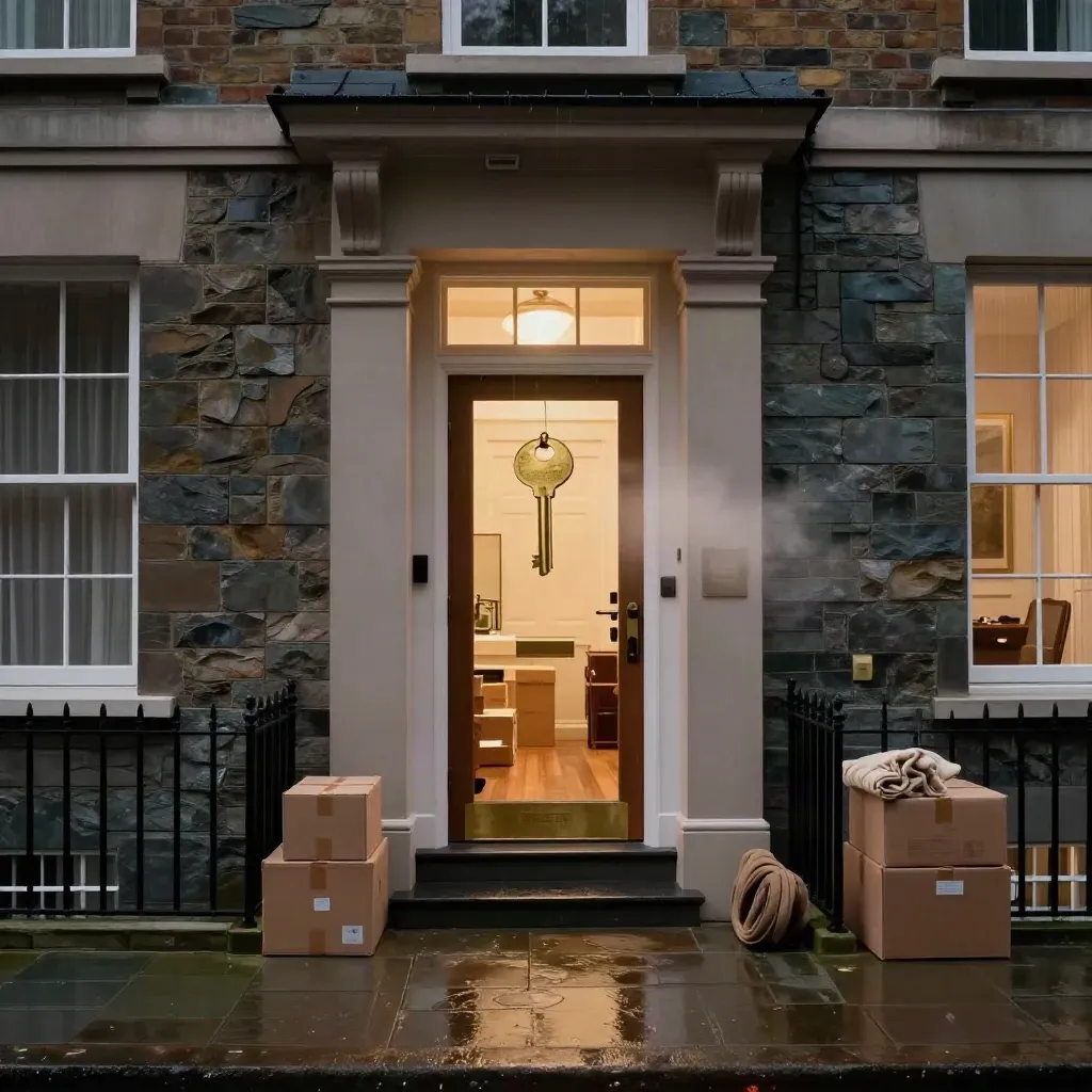 Open townhouse doorway glowing at night with a brass key on wet stone and moving crates inside.