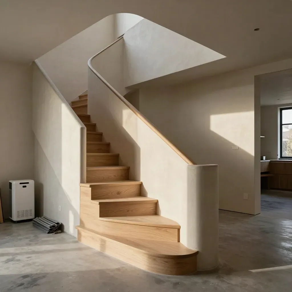 Luxury refurbished split-level interior with oak stairs, plaster, sealed floors and a dehumidifier.