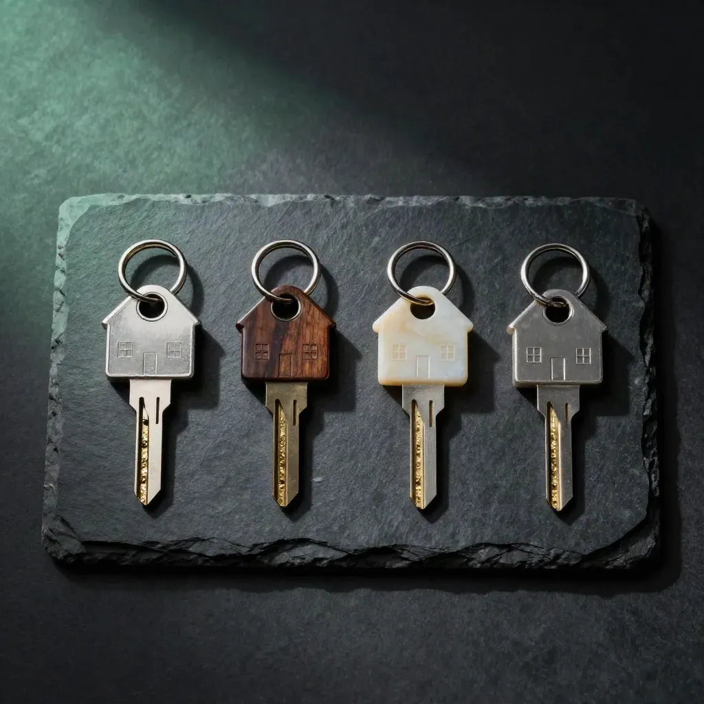 Top-down on four key sets and mini house tokens arranged on a slate board