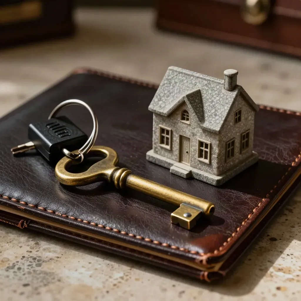 Brass auction key, lockbox key, and stone house model on dark leather