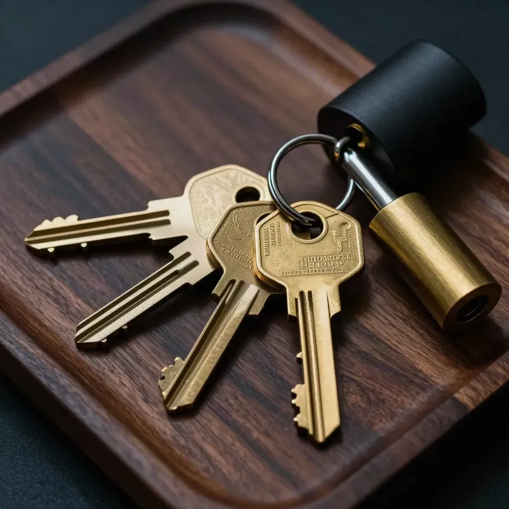 Brass keys aligned toward a lockbox ring on a dark tray under dramatic light.
