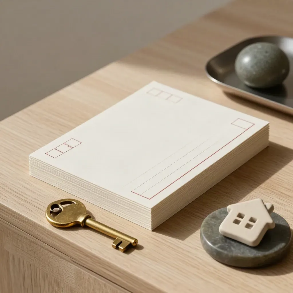 Brass key, property token, and blank card stack in a tray on pale oak