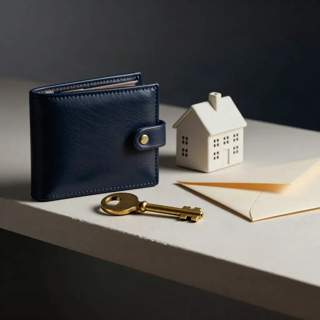 Brass key beside navy file wallet, tiny house model and cream envelope on a plaster shelf.